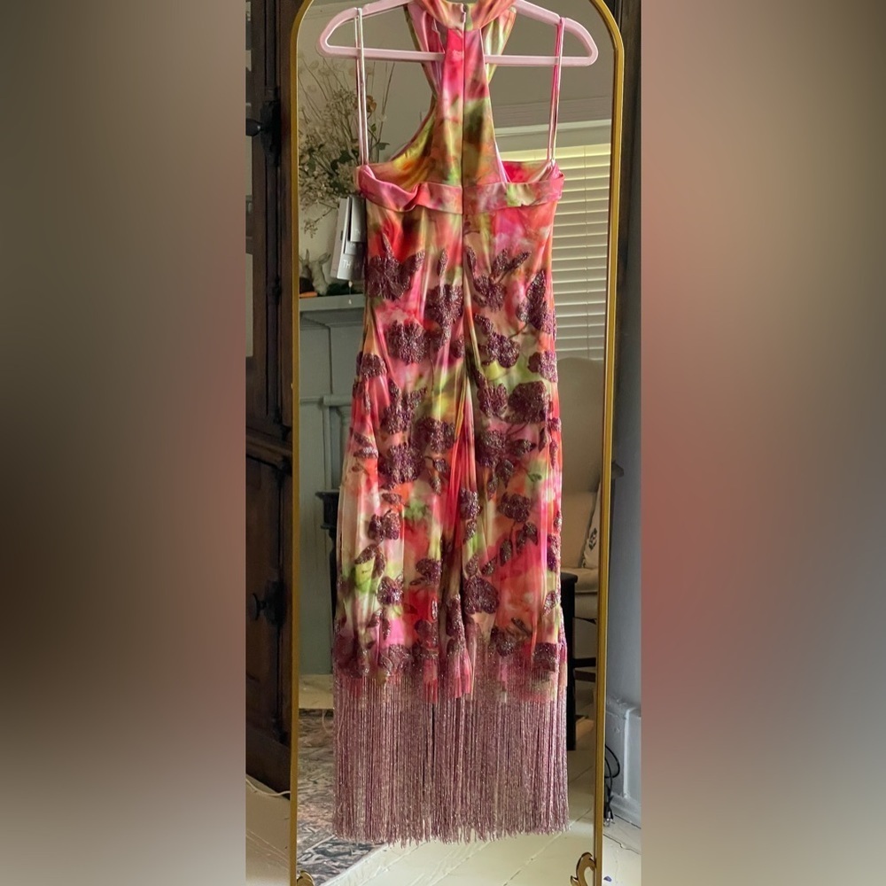 THEIA NWT Brigitte Floral Beaded Fringe Midi Dress - Picture 9 of 15